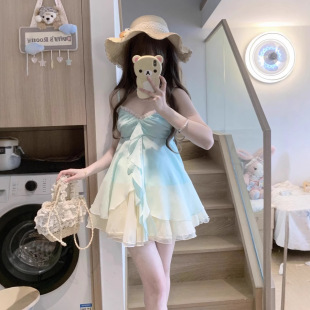 Summer Dopamine Tea Style Summer Sweet Elegant Sling Top Puffy Half-length Skirt Small Two-piece Suit