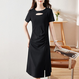 All-match black dress women 2024 new summer waist slimming elegant skirt casual short sleeve A- line skirt