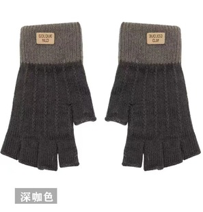 Autumn and Winter girls' cute open finger fleece-lined thick warm cold-proof student writing gloves half finger simple double layer gloves
