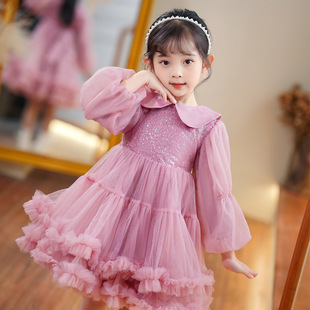 Girl's Lolita princess dress puff sleeve mesh dress long sleeve mesh lantern sleeve doll collar short puff