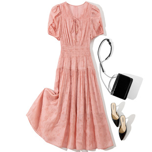 L6813 spring/summer 2024 new fashion Chinese style V-neck elastic waist solid color printed dress dress