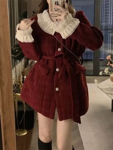 Cross-border Chanel Style Red New Year's Robe Suit Coat Women's Autumn and Winter Small Waist Elegant Wear Coat
