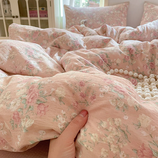 Skin-friendly water-washed cotton pure double-layer sand bed four-piece dormitory three-piece quilt cover solid color bedding wholesale