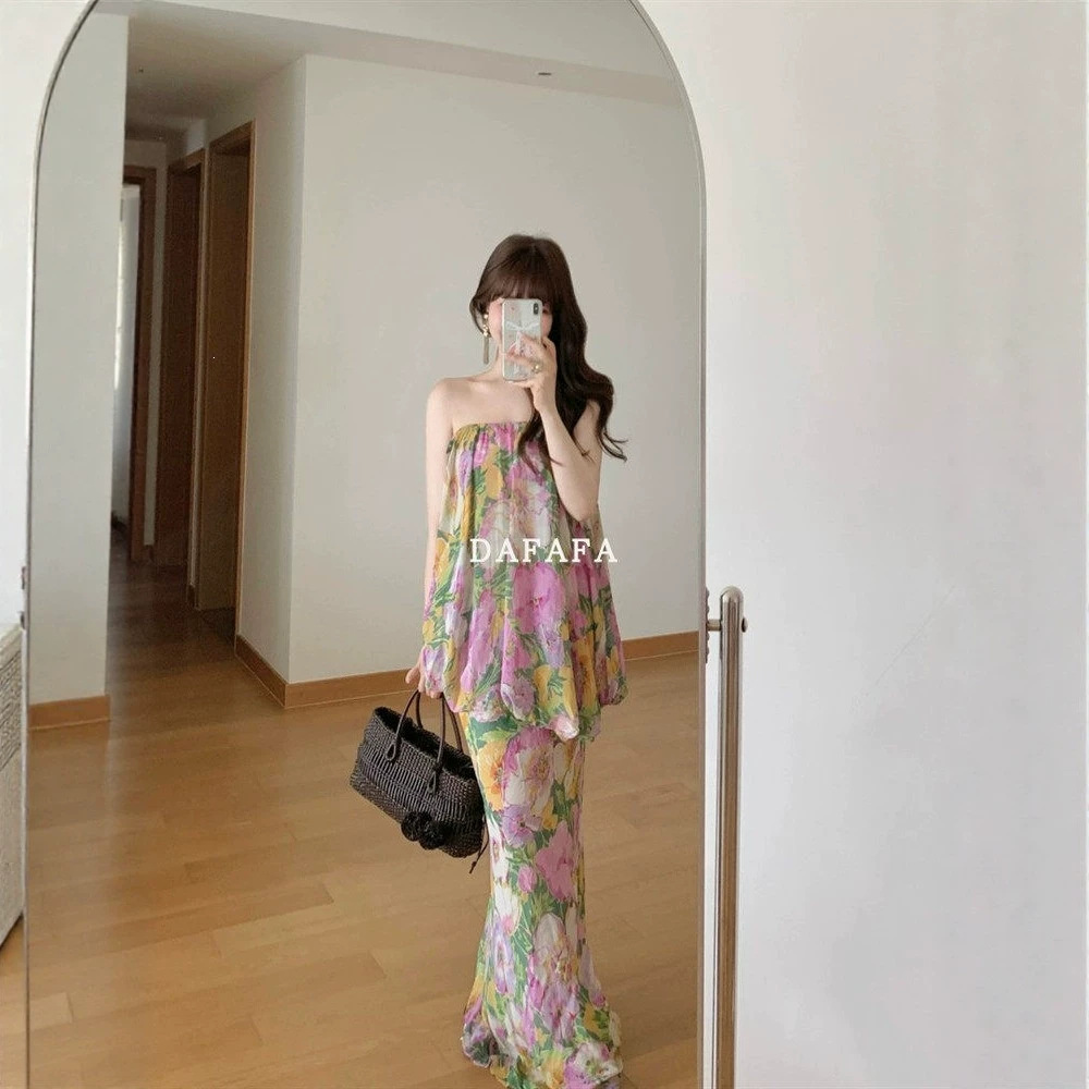 Beautiful Retro Floral Tube Top Dress for Women, Summer Seaside Vacation Slimming Off-The-Shoulder Long Dress, Island Beach Dress