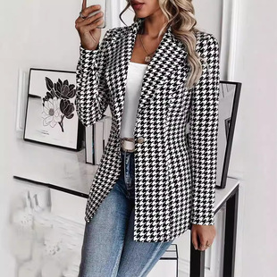 Amazon independent station AliExpress European and American lapel houndstooth fashion elegant slim small suit jacket 2024 autumn