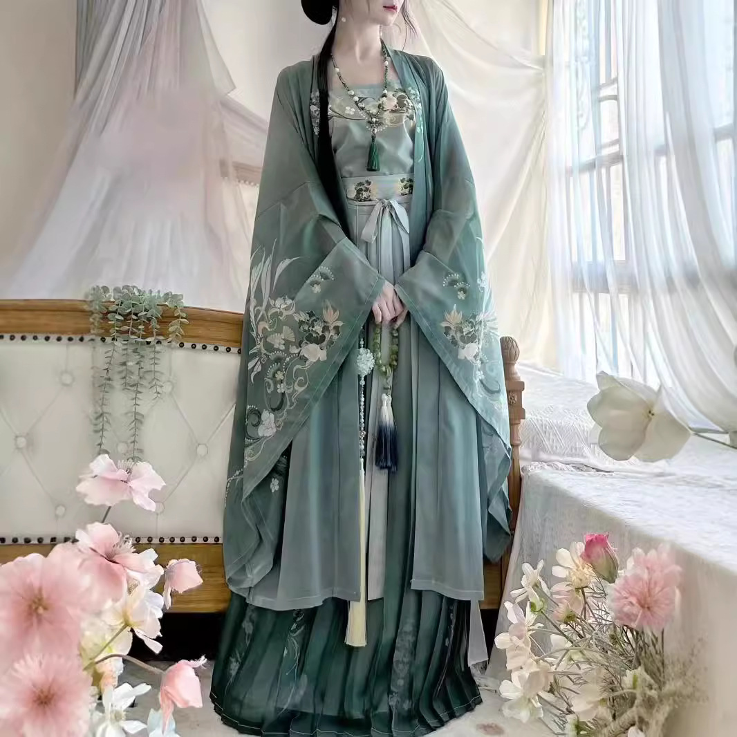 Women's Hanfu Glazed Hanfu Women's Summer Song Style Large Sleeve Shirt Printed 100-fold Skirt Spring and Summer Breathable