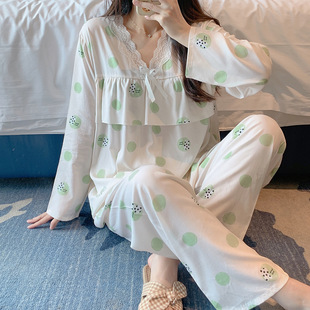 Cotton Silk Pajamas Spring and Summer Women's Lace-Trimmed Printed Long-Sleeved Trousers Two-Piece Anti-Bump Cute Thin Pajamas