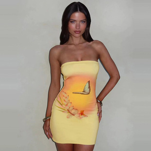 2025 Cross-border New Butterfly Printed Tube-shaped Tight Hip Sexy Spice Girl Vacation dress Skirt