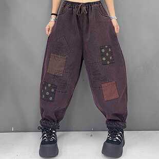 Winter 2024 Vintage Ethnic Style Old Washed Denim Pants Loose fleece-lined Pants for Women