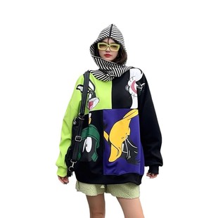 European Large Edition oversize Design Sense Insert Color Stitching Printed Round Neck Sweat Women's Loose Casual Pullover Top