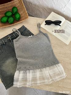 809# Pure Desire Lace Stitching Stacked Small Sling with One-piece Fixed Chest Pad Slim Slim Look Slim Top