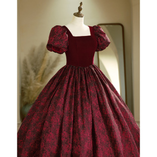 wine red French High-end Evening Dress Rose Pattern New Host Banquet Dress Bride Toasting Dress