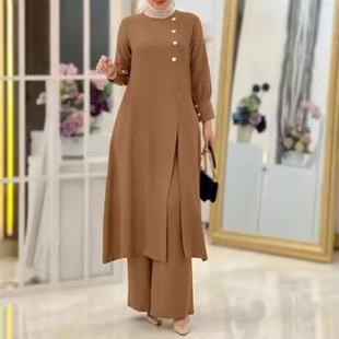 2025 Muslim Women's Two-Piece Suit Fashionable Elegant Solid Color Irregular Long Shirt Top Wide Leg Pants Robe
