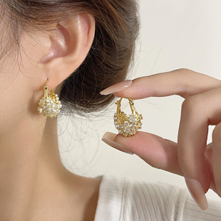 Fashionable and Elegant Cut Out Style Flower Basket with Beads and Beads All-match Earrings and Ear Buckles