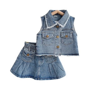 Girls Summer New Arrival Denim suit Girls Sleeveless Ruffled Jacket Pleated Skirt Fashionable Two-Piece Set