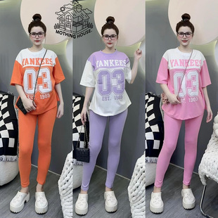 Fashionable suit Women's Summer Loose Design Contrast Color T-shirt Short-sleeved Slim-fit Yoga Trousers Sports Two-piece Set Ins