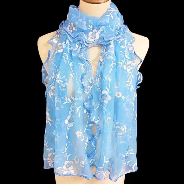 Winter Scarf Women's Ruffled Bright Silk Pure Color Scarf Long Versatile Printed Gauze Scarf Ethnic Style Silk Scarf Scarf