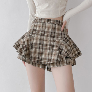 European and American Pure Desire Style Ruffled Short Skirt Plaid 2025 Spring and Summer New High Waist A- Shaped Retro Pant Skirt for Women