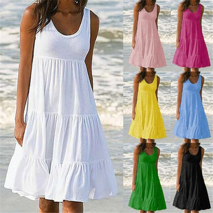 In stock summer cross-border women's clothing 7 colors 8 yards S-5XL imitation cotton plus size solid color sleeveless pleated dress