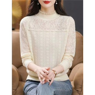 Lace Hollow Base Shirt Sweater Women's 2023 Winter New Belly Covering High-grade Half-turtleneck Sweater Top