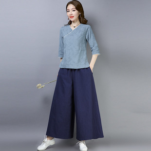 2025 new retro Chinese style yoga clothing Hanfu women's tea clothing thigh pants suit Chinese medicine health care ear picking