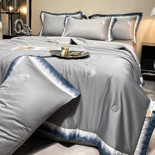 2025 New Entry Light Luxury Washed Silk Embroidery Digital Wide-brimmed Summer Quilt Four-piece Feather Ink Breathable Thin Quilt