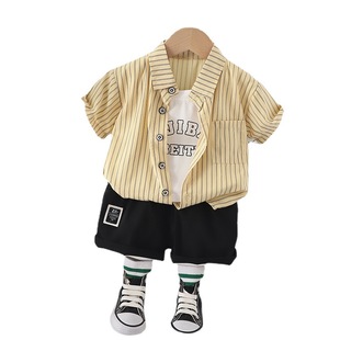 Boys' summer short-sleeved suit 2023 new style baby boy clothes letter straight cardigan fake three-piece set