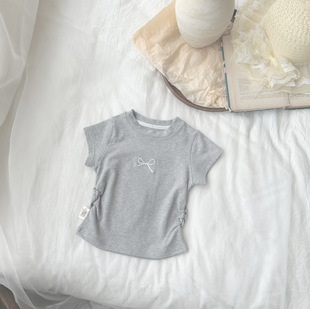 Girls' Summer Short-sleeved T-shirt Baby Stylish Children's Cute Bow Embroidery Fashionable Cyber Popular Half Sleeve