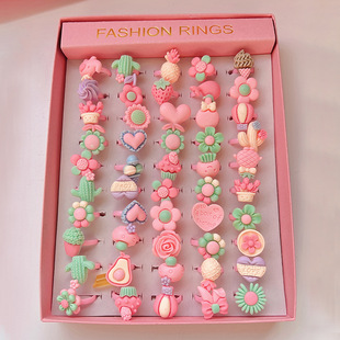 Cross Border Children Cartoon Flower Ring 50 Boxed Open Frosted Plastic Ring Birthday Gift Kindergarten