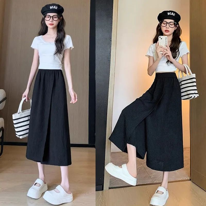 여름 Culottes 2025 새로운 경량 투웨어 느슨한 슬리밍 작은 여성을위한 넓은 다리 바지 신선한 자른 바지