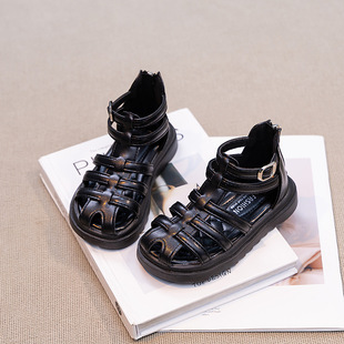 Girls' Sandals 2024 New Summer Baotou Children's Roman Shoes Girls Soft Sole Beach Shoes Big Children's Princess Shoes