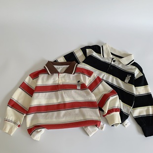 Maibao Kidsren's Polo Shirt 2025 Spring New Stripesd Bottoming Shirt Lapel T-Shirt Boys' Style Long-Sleeved Top