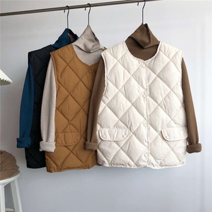 Autumn and Winter Cotton Vest Women's Short Cotton Vest Rhombic Plaid Cotton-padded Jacket Outer Wearing Korean-style All-match Vest Waistcoat