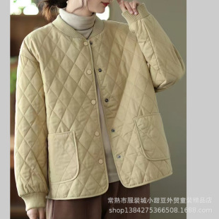 Winter New Retro Round Neck Quilted Baseball Jacket Women's Casual Loose Slimming Look Warm Cotton Outwear