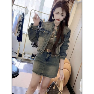 Hong Kong style retro fashion foreign style suit women's 2025 autumn new Denim short coat high waist skirt two-piece set