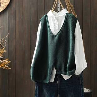 Autumn and Winter Artistic Simple Irregular Hem Cotton Knitted Vest Women's Retro Loose V-neck Pullover Waistcoat