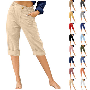 2023 European and American Women's Clothing Amazon New Cropped Pants Foreign Trade Cross-border Solid Color Cotton and Linen Button Loose High Waist Casual