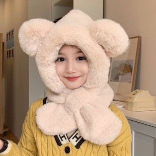 Baby's Cute Bear Hat Winter Scarf Gloves Integrated Hat Men and Women Children's Cute fleece-lined Ear Protection Windproof Children's Hat
