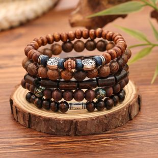 Amazon cross-border hot selling handmade beaded bracelet men's retro style multi-layer elastic line wood beads life tree bracelet