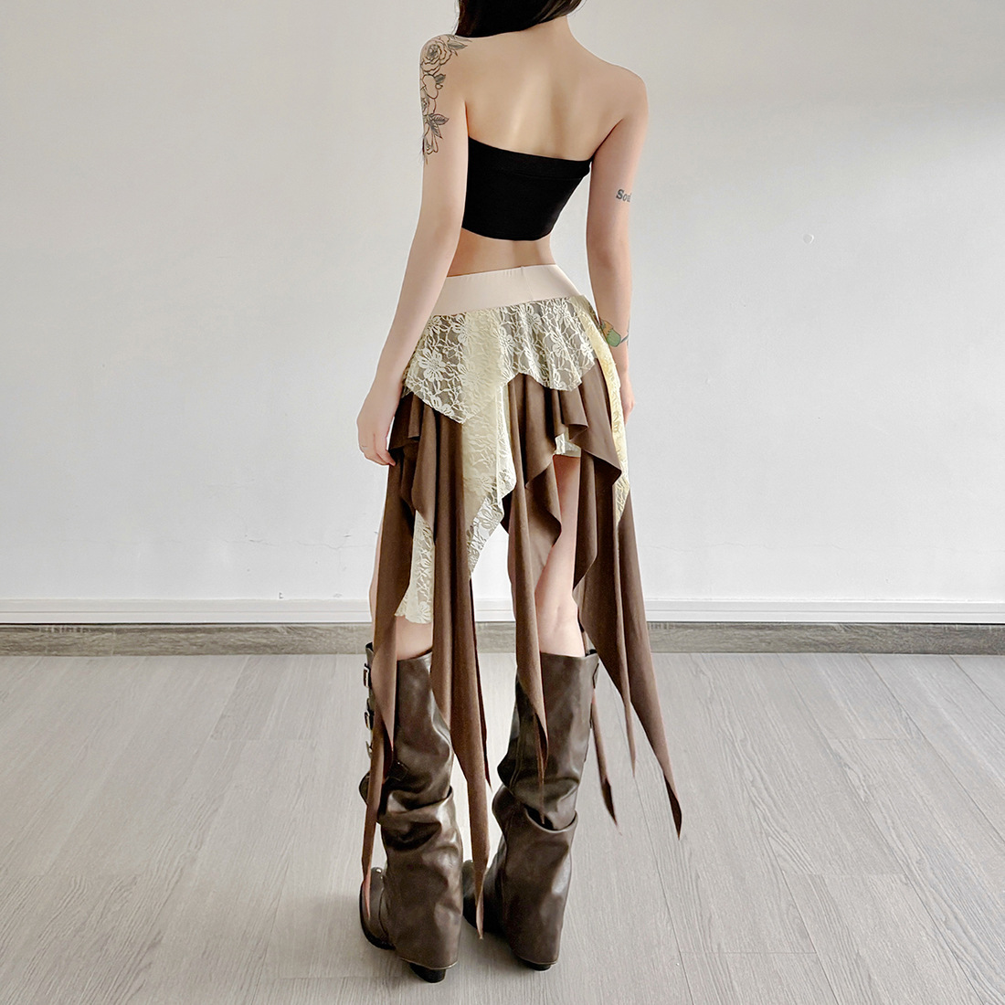 Cross-Border European and American Style 2025 New Summer Women's Multi-Layered Lace Splicing Irregular Tassel Contrasting Skirt