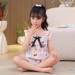 New summer children's pajamas girls cute short sleeve square collar girls cartoon suspenders home clothes suit wholesale