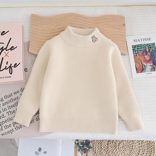 Boys and girls one-piece velvet fleece-lined sweater 2024 autumn and winter new one-piece velvet cute embroidered bear base shirt