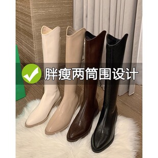 Genuine Leather Knight boots v mouth western cowboy boots Women's thick heel pointed high boots chubby girl long boots Women's thick leg long boots