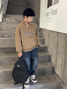 Boys' fleece-lined Thickened Retro Jeans Autumn and Winter 2024 New Children's Olympic Grain Fleece Winter Wear Large Children's Pants
