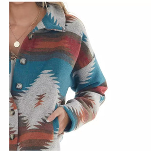 European and American Cross-border Women's 2023 Amazon WISH Autumn and Winter New Fashion Retro Jacquard Loose Woolen Jacket
