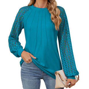Amazon Europe and the United States cross-border foreign trade 2024 autumn and winter new lace stitching round neck long sleeve loose T-shirt top women