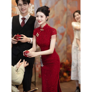 Тост костюм Cheongsam Новый китайский стиль красная невеста улучшенная помолвка платье свадебное кружевное женское лето