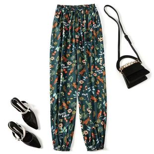 Summer Women's Cotton Silk Lantern Pants Rayon Anti-mosquito Pants Beach Pants Rayon Casual Loose Cotton Silk Tie-legged Pajama Pants