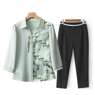 Mom's New Autumn Clothing, Chinese Style Shirt Tops, Two-Piece Suits, Middle-Aged Women's Summer Clothes, Mother's Day Shirts
