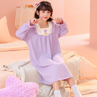 Girl's Nightgown Spring and Autumn Long Sleeve Cloud Cotton Middle and Big Girl Princess Sweet Children's Nightgown Baby's Home Clothes